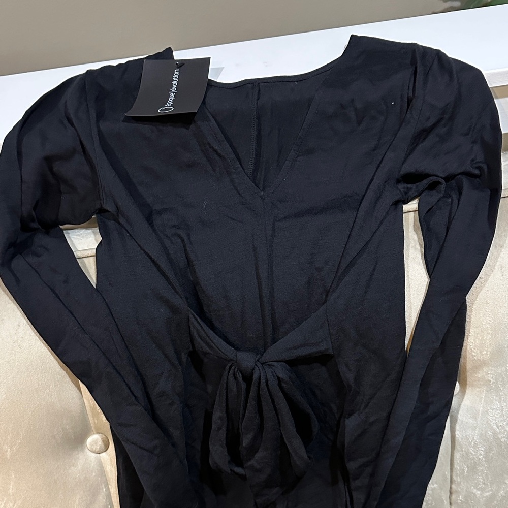 Long Sleeve Black Tie-Front or back midi dress